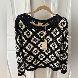 Elle Black and White Crew Neck Sweater with Geometric Design
